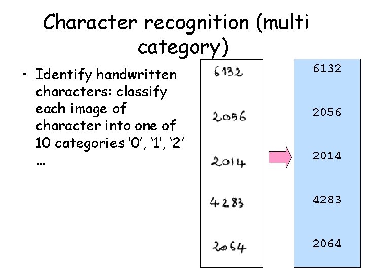 Character recognition (multi category) • Identify handwritten characters: classify each image of character into