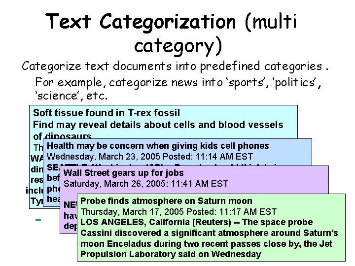 Text Categorization (multi category) Categorize text documents into predefined categories. For example, categorize news