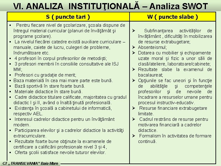 VI. ANALIZA INSTITUŢIONALĂ – Analiza SWOT S ( puncte tari ) § Pentru fiecare VI. ANALIZA INSTITUŢIONALĂ – Analiza SWOT S ( puncte tari ) § Pentru fiecare