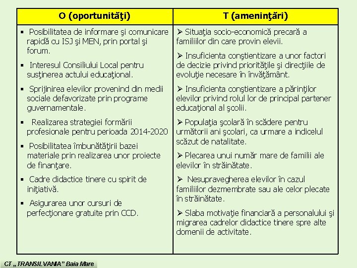 O (oportunităţi) T (ameninţări) § Posibilitatea de informare şi comunicare Ø Situaţia socio-economică precară