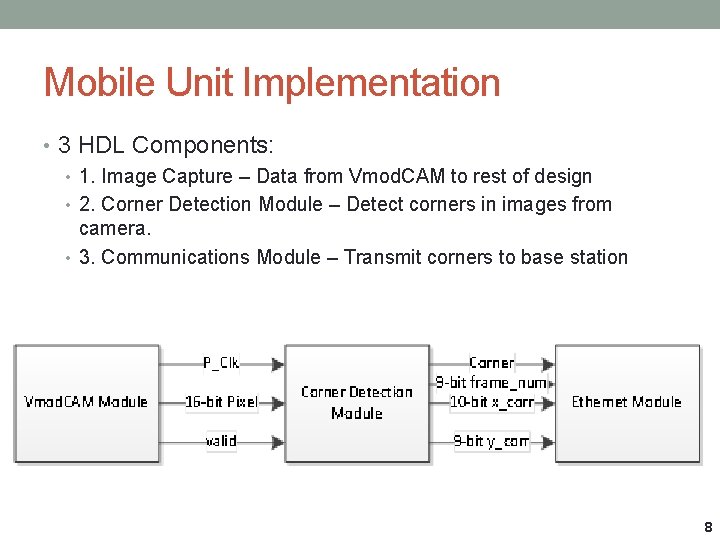 Mobile Unit Implementation • 3 HDL Components: • 1. Image Capture – Data from