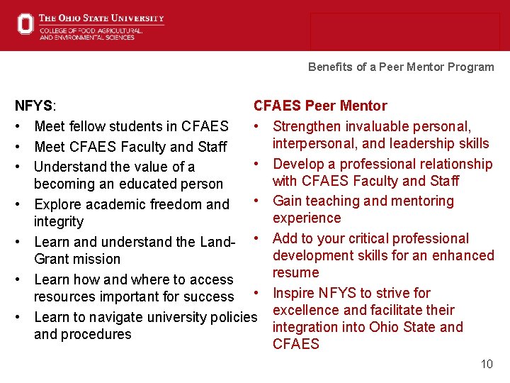 Benefits of a Peer Mentor Program NFYS: CFAES Peer Mentor • Meet fellow students