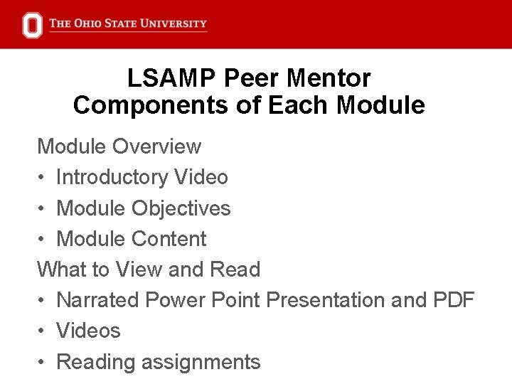 LSAMP Peer Mentor Components of Each Module Overview • Introductory Video • Module Objectives