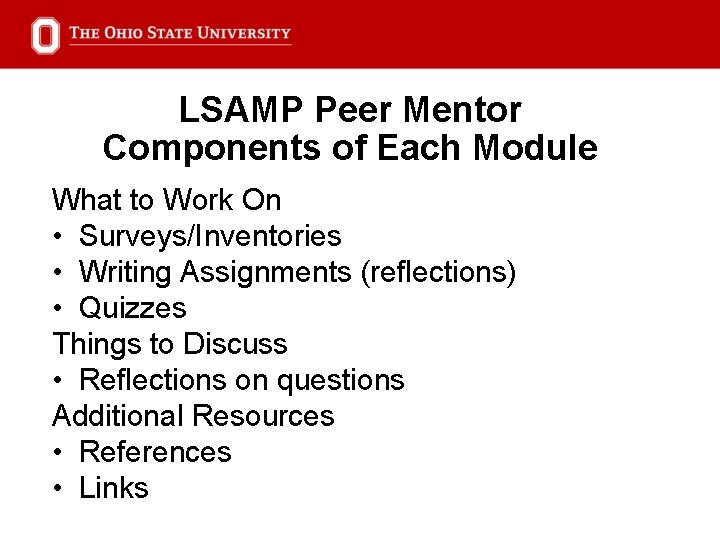 LSAMP Peer Mentor Components of Each Module What to Work On • Surveys/Inventories •