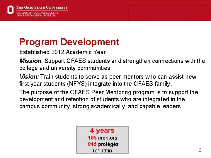 Program Development Established 2012 Academic Year Mission: Support CFAES students and strengthen connections with