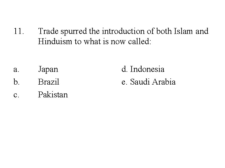 11. Trade spurred the introduction of both Islam and Hinduism to what is now