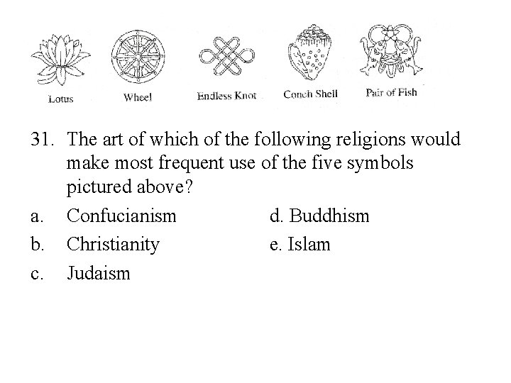 31. The art of which of the following religions would make most frequent use