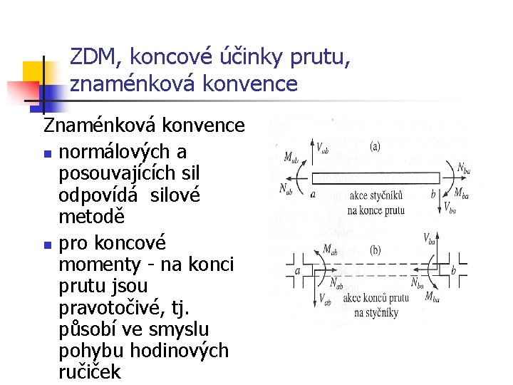 ZDM, koncové účinky prutu, znaménková konvence Znaménková konvence n normálových a posouvajících sil odpovídá