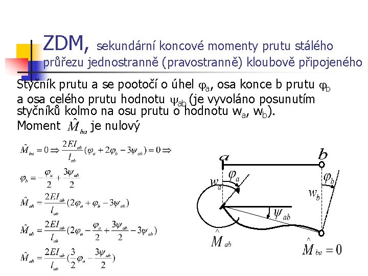 ZDM, sekundární koncové momenty prutu stálého průřezu jednostranně (pravostranně) kloubově připojeného Styčník prutu a