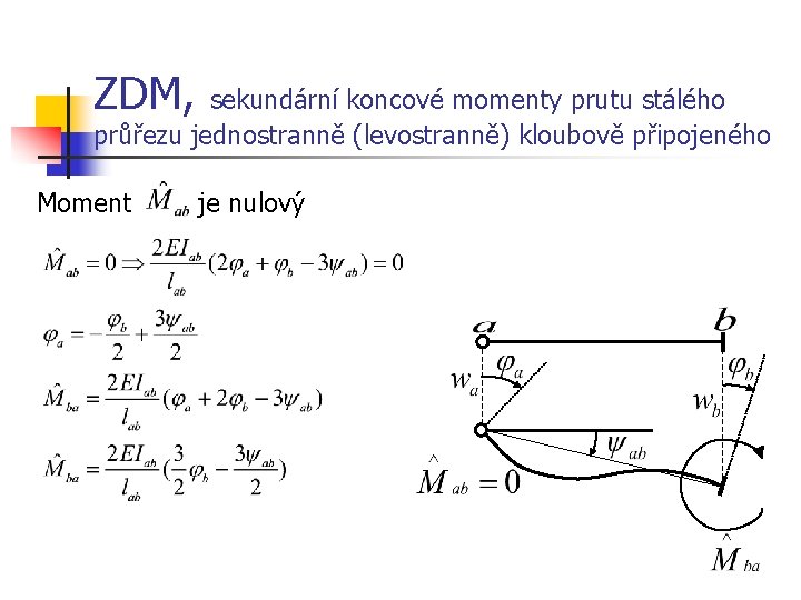 ZDM, sekundární koncové momenty prutu stálého průřezu jednostranně (levostranně) kloubově připojeného Moment je nulový