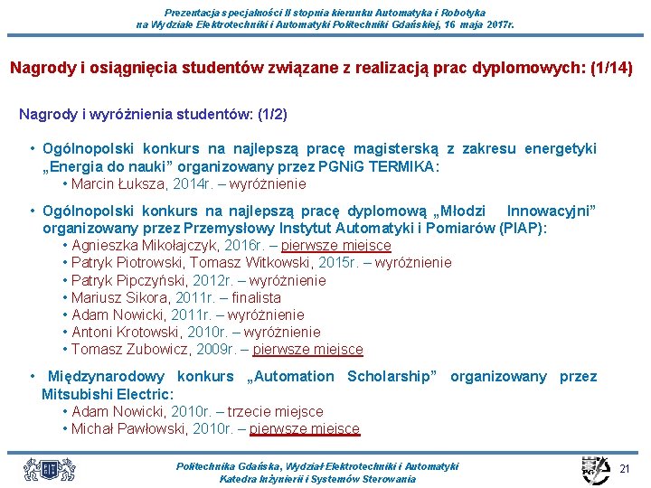 Prezentacja specjalności II stopnia kierunku Automatyka i Robotyka na Wydziale Elektrotechniki i Automatyki Politechniki