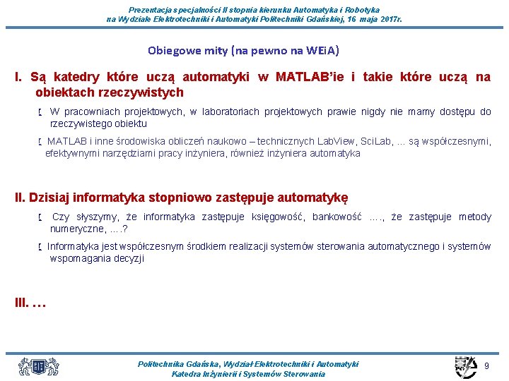 Prezentacja specjalności II stopnia kierunku Automatyka i Robotyka na Wydziale Elektrotechniki i Automatyki Politechniki