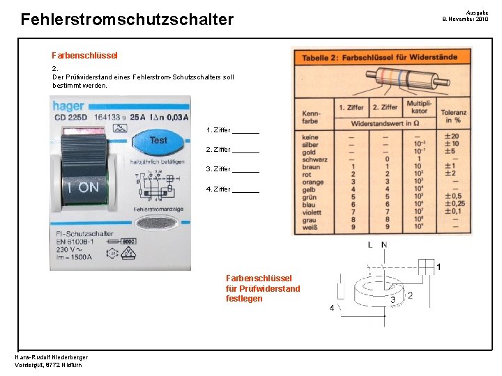 Fehlerstromschutzschalter Farbenschlüssel 2. Der Prüfwiderstand eines Fehlerstrom-Schutzschalters soll bestimmt werden. 1. Ziffer _______ 2.