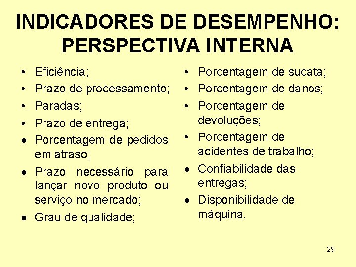 INDICADORES DE DESEMPENHO: PERSPECTIVA INTERNA • • Eficiência; Prazo de processamento; Paradas; Prazo de