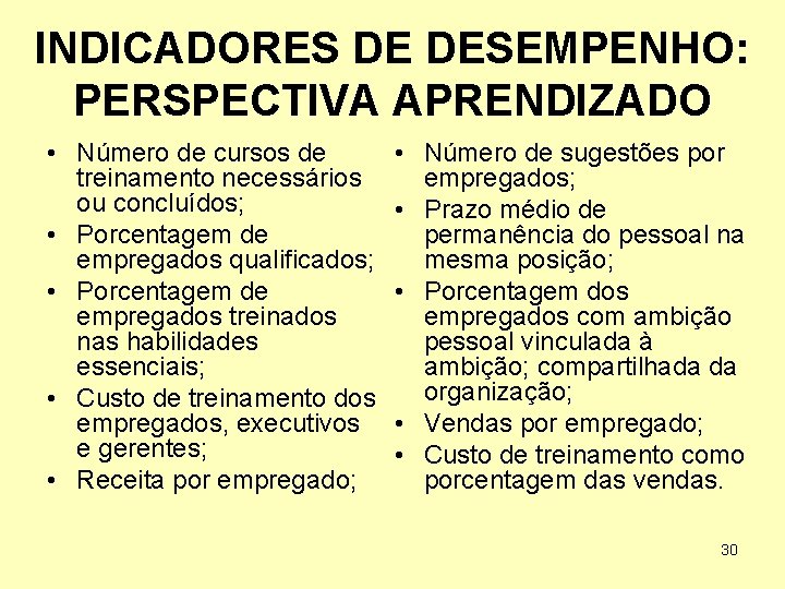 INDICADORES DE DESEMPENHO: PERSPECTIVA APRENDIZADO • Número de cursos de treinamento necessários ou concluídos;