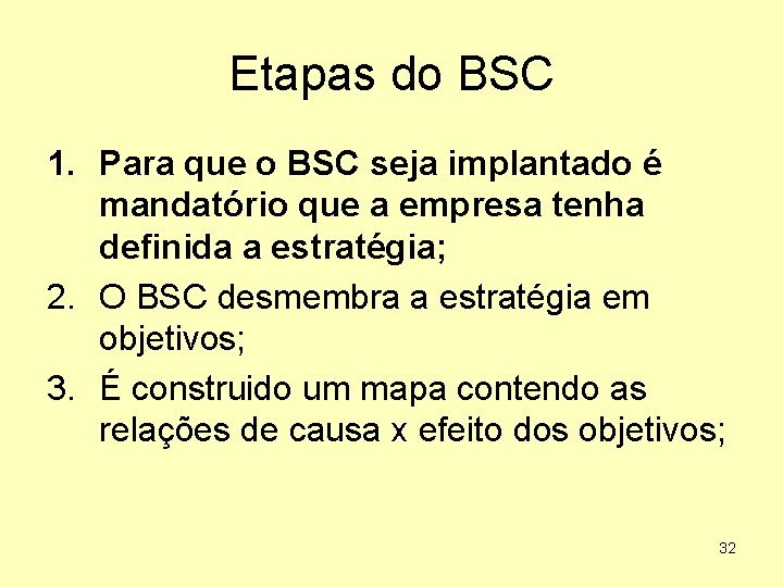 Etapas do BSC 1. Para que o BSC seja implantado é mandatório que a