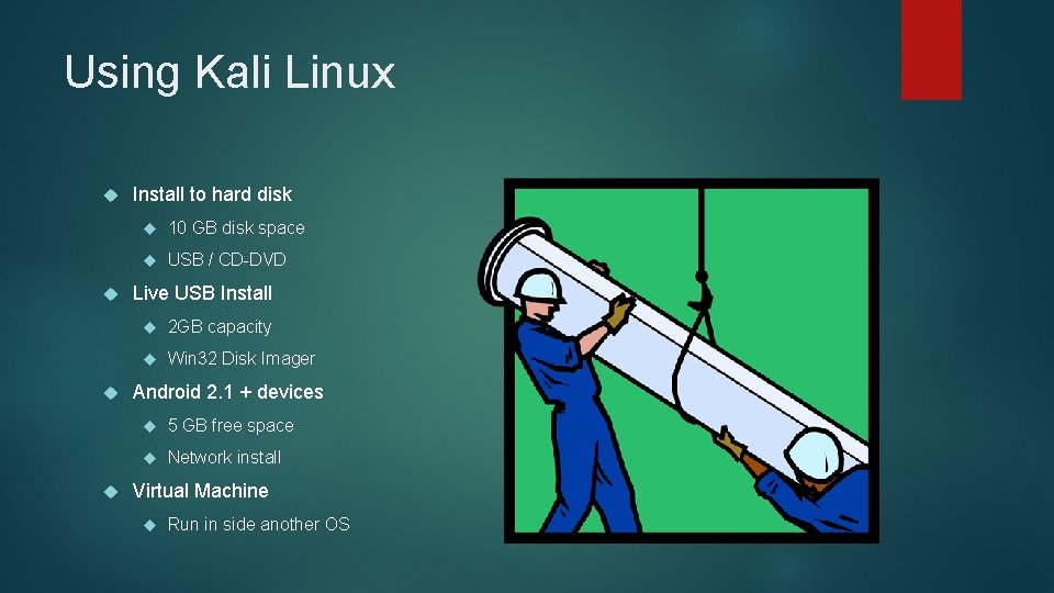 Using Kali Linux Install to hard disk 10 GB disk space USB / CD-DVD