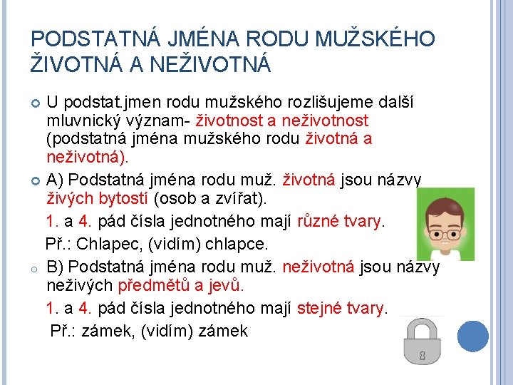 PODSTATNÁ JMÉNA RODU MUŽSKÉHO ŽIVOTNÁ A NEŽIVOTNÁ U podstat. jmen rodu mužského rozlišujeme další