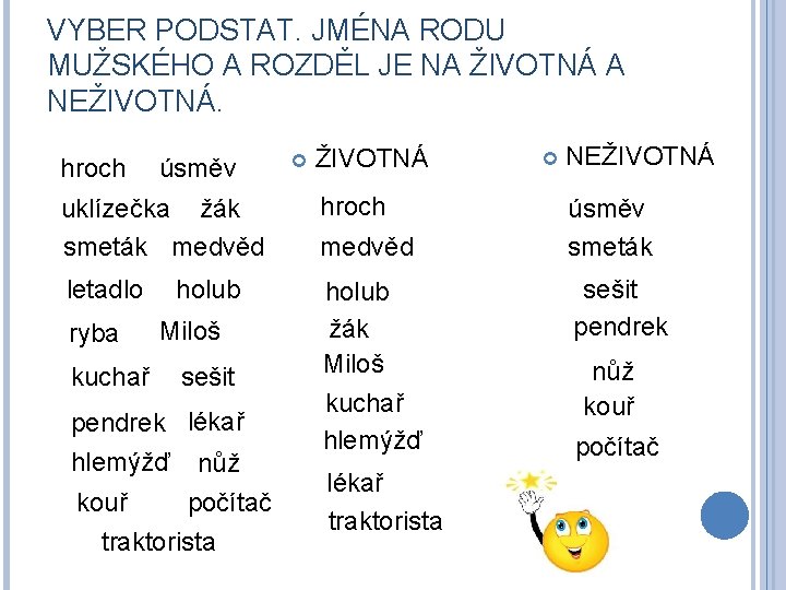 VYBER PODSTAT. JMÉNA RODU MUŽSKÉHO A ROZDĚL JE NA ŽIVOTNÁ A NEŽIVOTNÁ. hroch úsměv