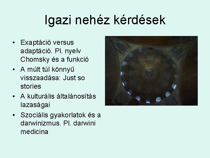 Igazi nehéz kérdések • Exaptáció versus adaptáció. Pl. nyelv Chomsky és a funkció •