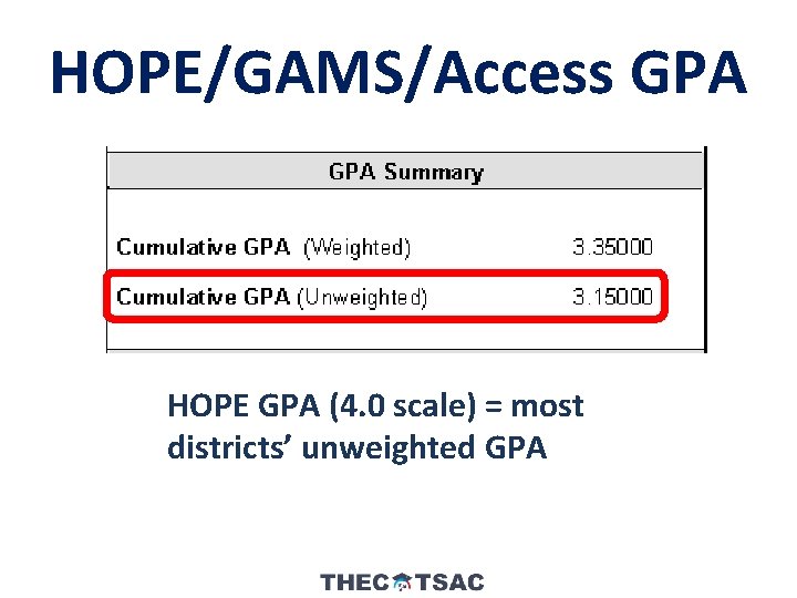 HOPE/GAMS/Access GPA HOPE GPA (4. 0 scale) = most districts’ unweighted GPA 