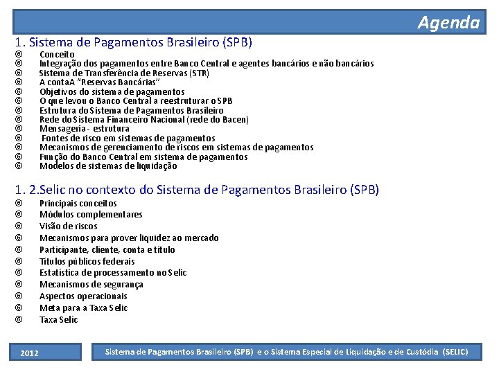 1. Sistema de Pagamentos Brasileiro (SPB) Agenda Conceito Integração dos pagamentos entre Banco Central