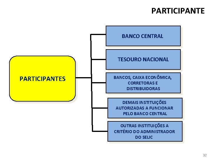 PARTICIPANTE BANCO CENTRAL TESOURO NACIONAL PARTICIPANTES BANCOS, CAIXA ECONÔMICA, CORRETORAS E DISTRIBUIDORAS DEMAIS INSTITUIÇÕES
