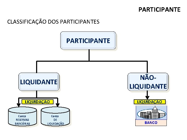 PARTICIPANTE CLASSIFICAÇÃO DOS PARTICIPANTE LIQUIDANTE LIQUIDAÇÃO Conta RESERVAS BANCÁRIAS Conta DE LIQUIDAÇÃO NÃOLIQUIDANTE LIQUIDAÇÃO