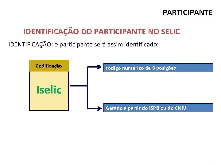 PARTICIPANTE IDENTIFICAÇÃO DO PARTICIPANTE NO SELIC IDENTIFICAÇÃO: o participante será assim identificado: Codificação código