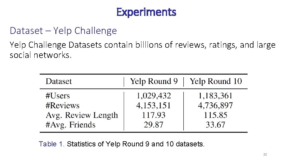 Experiments Dataset – Yelp Challenge Datasets contain billions of reviews, ratings, and large social