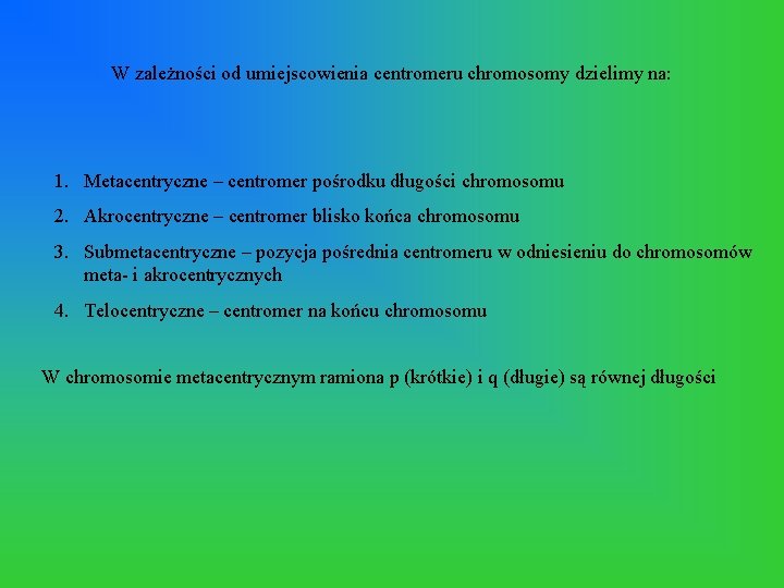 W zależności od umiejscowienia centromeru chromosomy dzielimy na: 1. Metacentryczne – centromer pośrodku długości