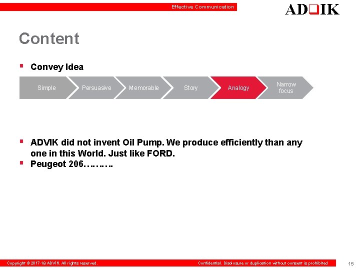 Effective Communication ADq. IK Content § Convey Idea Simple Persuasive Memorable Story Analogy Narrow