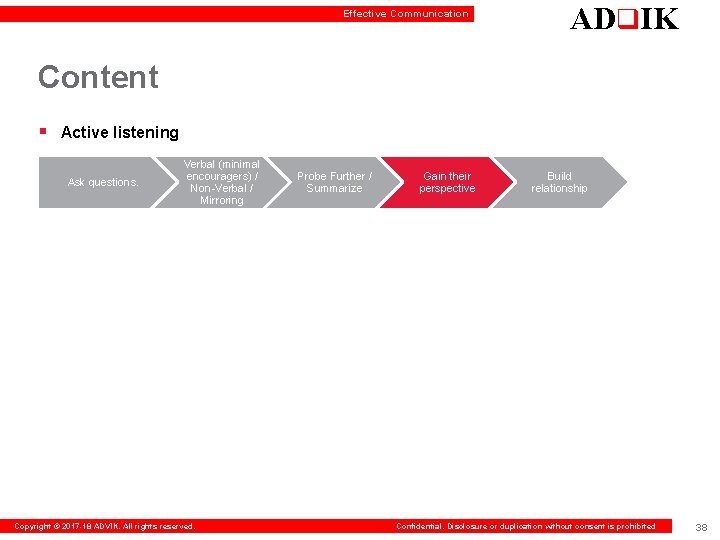 Effective Communication ADq. IK Content § Active listening Ask questions. Verbal (minimal encouragers) /