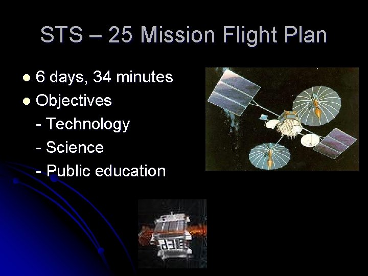 STS – 25 Mission Flight Plan 6 days, 34 minutes l Objectives - Technology