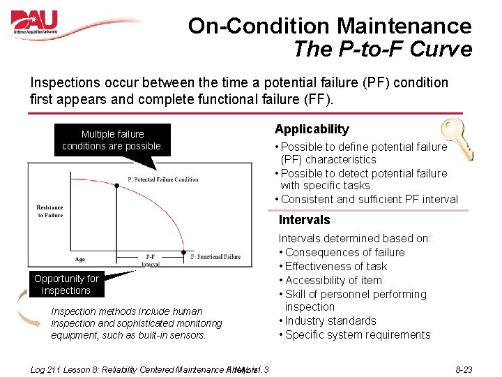 On-Condition Maintenance The P-to-F Curve Inspections occur between the time a potential failure (PF) On-Condition Maintenance The P-to-F Curve Inspections occur between the time a potential failure (PF)