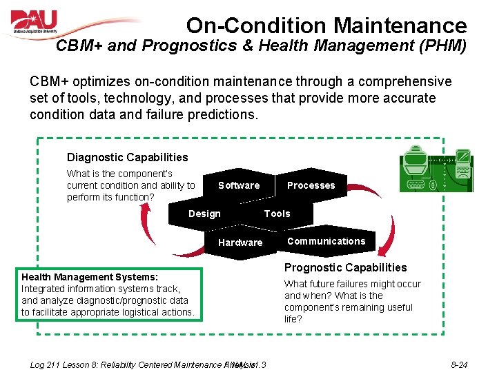 On-Condition Maintenance CBM+ and Prognostics & Health Management (PHM) CBM+ optimizes on-condition maintenance through