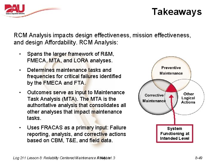 Takeaways RCM Analysis impacts design effectiveness, mission effectiveness, and design Affordability. RCM Analysis: •