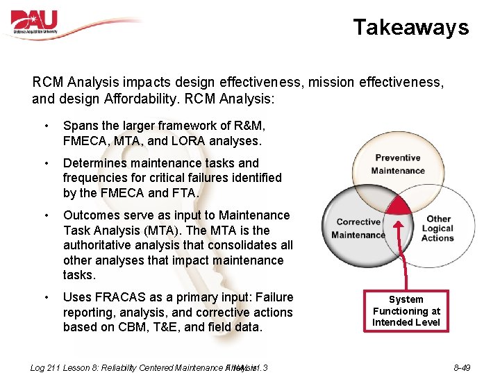 Takeaways RCM Analysis impacts design effectiveness, mission effectiveness, and design Affordability. RCM Analysis: • Takeaways RCM Analysis impacts design effectiveness, mission effectiveness, and design Affordability. RCM Analysis: •