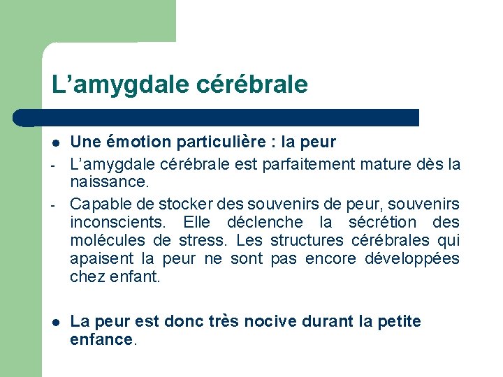 L’amygdale cérébrale - Une émotion particulière : la peur L’amygdale cérébrale est parfaitement mature