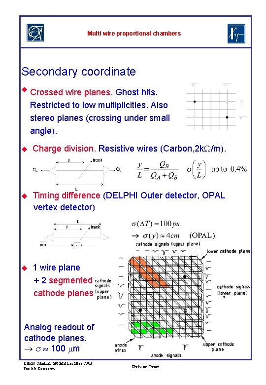 Multi wire proportional chambers Secondary coordinate u Crossed wire planes. Ghost hits. Restricted to