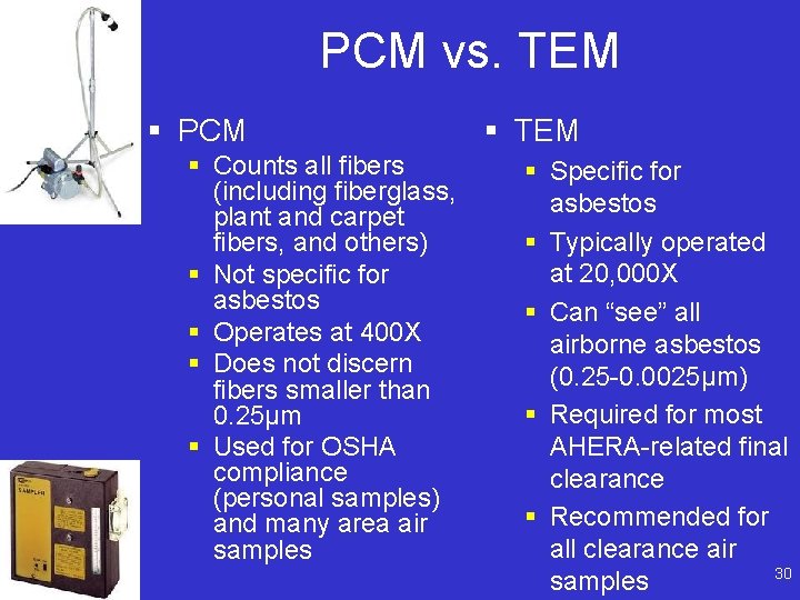 PCM vs. TEM § PCM § Counts all fibers (including fiberglass, plant and carpet