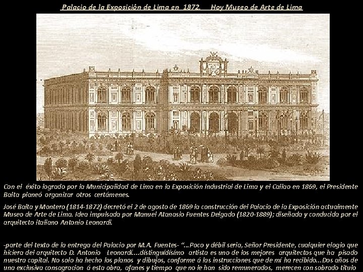  Palacio de la Exposición de Lima en 1872. Hoy Museo de Arte de