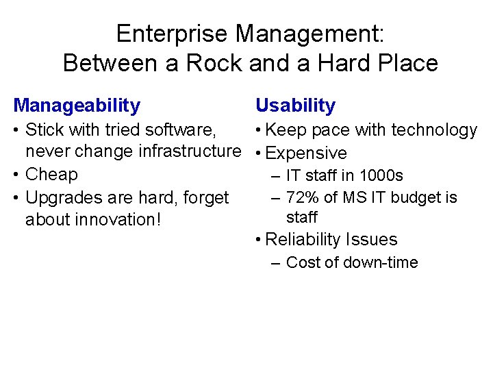 Enterprise Management: Between a Rock and a Hard Place Manageability Usability • Stick with