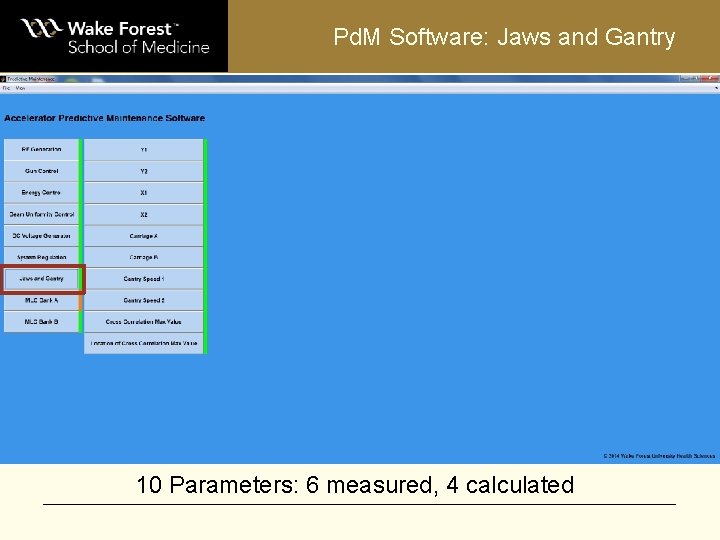 Pd. M Software: Jaws and Gantry 10 Parameters: 6 measured, 4 calculated 