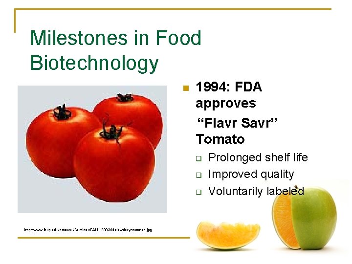 Milestones in Food Biotechnology n 1994: FDA approves “Flavr Savr” Tomato q q q