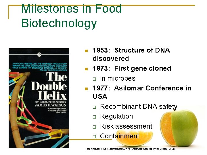 Milestones in Food Biotechnology n n n 1953: Structure of DNA discovered 1973: First