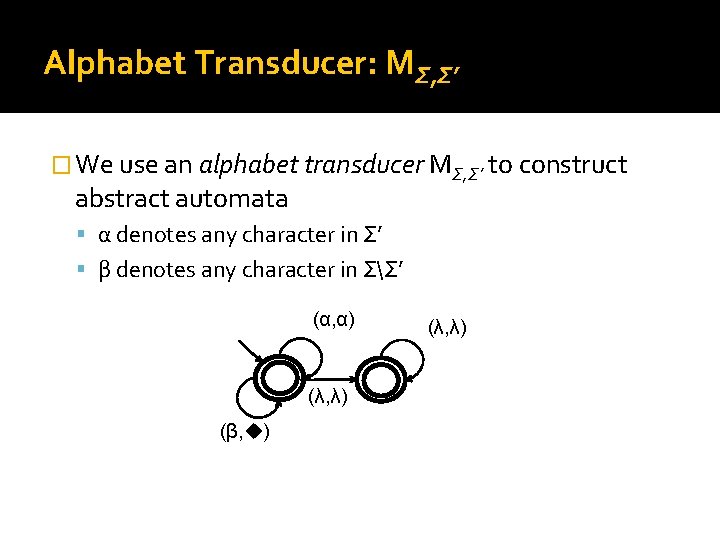 Alphabet Transducer: MΣ, Σ’ � We use an alphabet transducer MΣ, Σ’ to construct