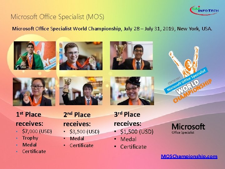 Microsoft Office Specialist (MOS) Microsoft Office Specialist World Championship, July 28 – July 31,