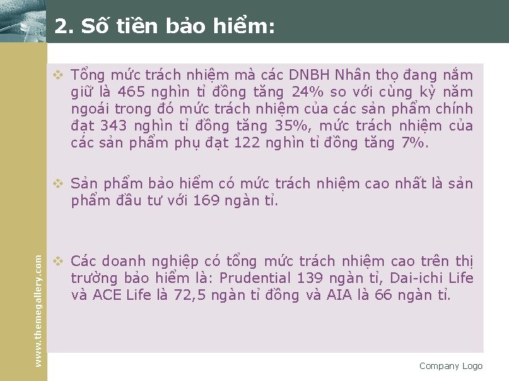 2. Số tiền bảo hiểm: v Tổng mức trách nhiệm mà các DNBH Nhân