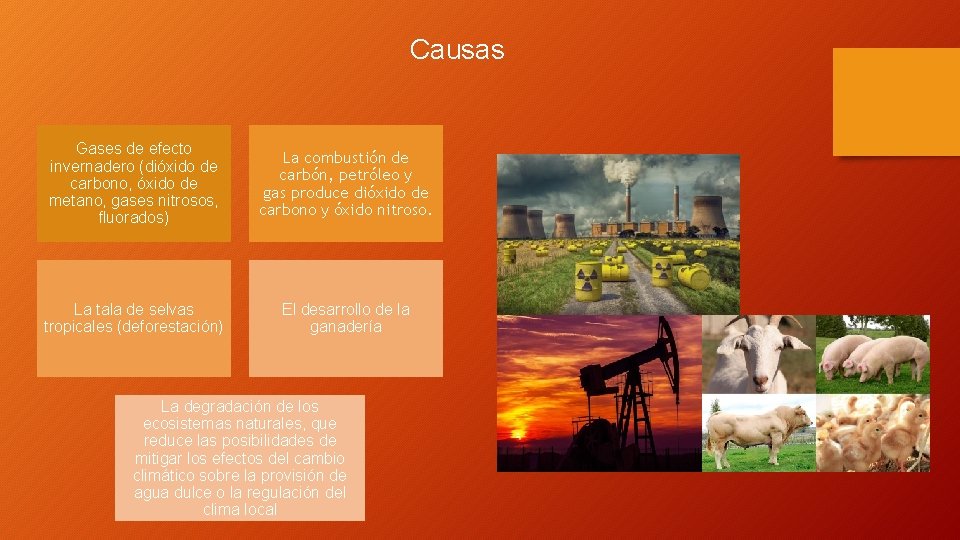  Causas Gases de efecto invernadero (dióxido de carbono, óxido de metano, gases nitrosos,